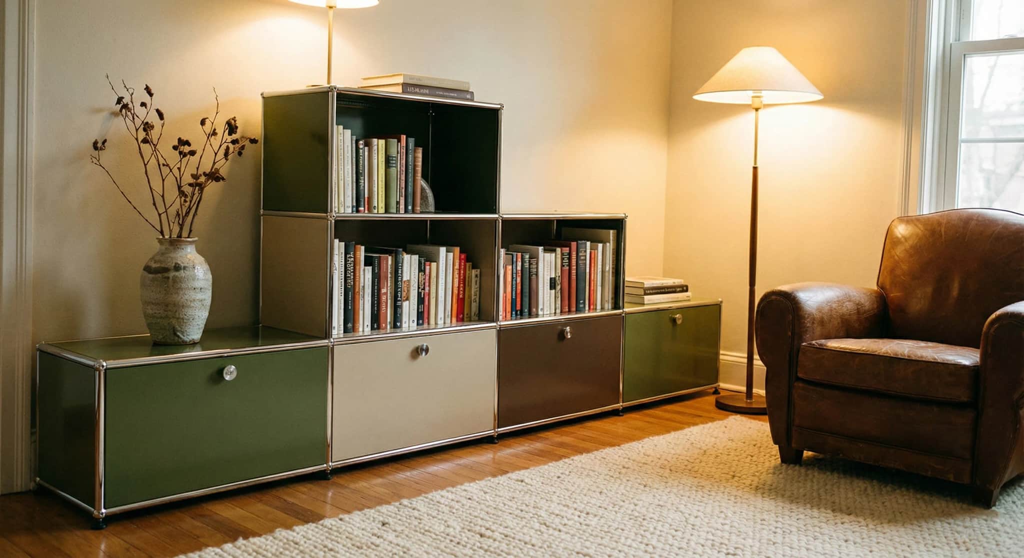 Olive and taupe USM Haller sideboard with open bookshelf in a warm reading nook