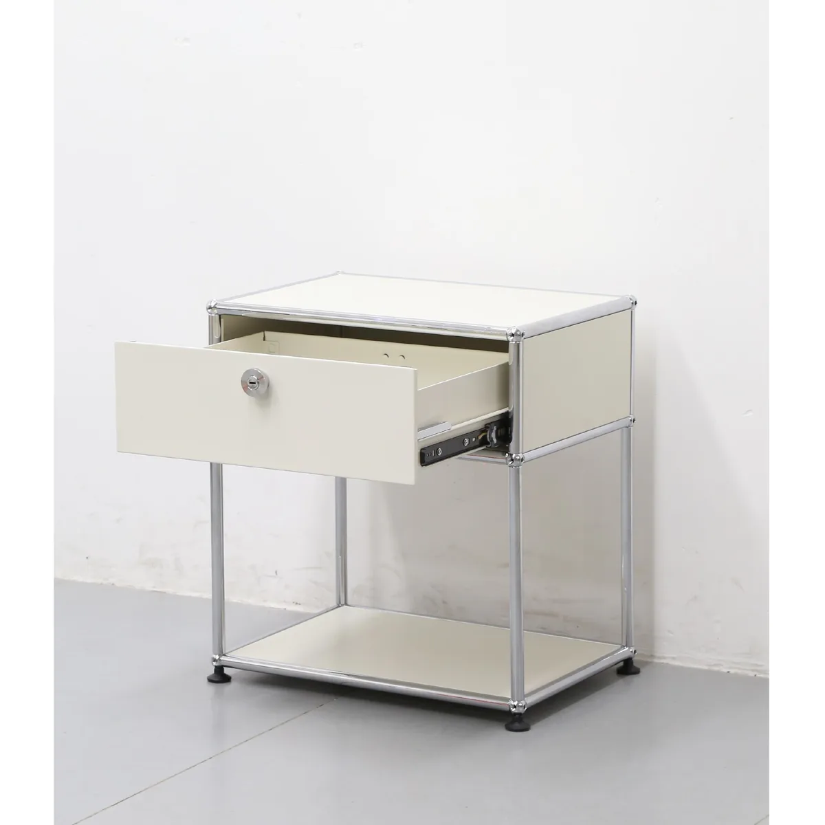 Off-white side table — open drawer