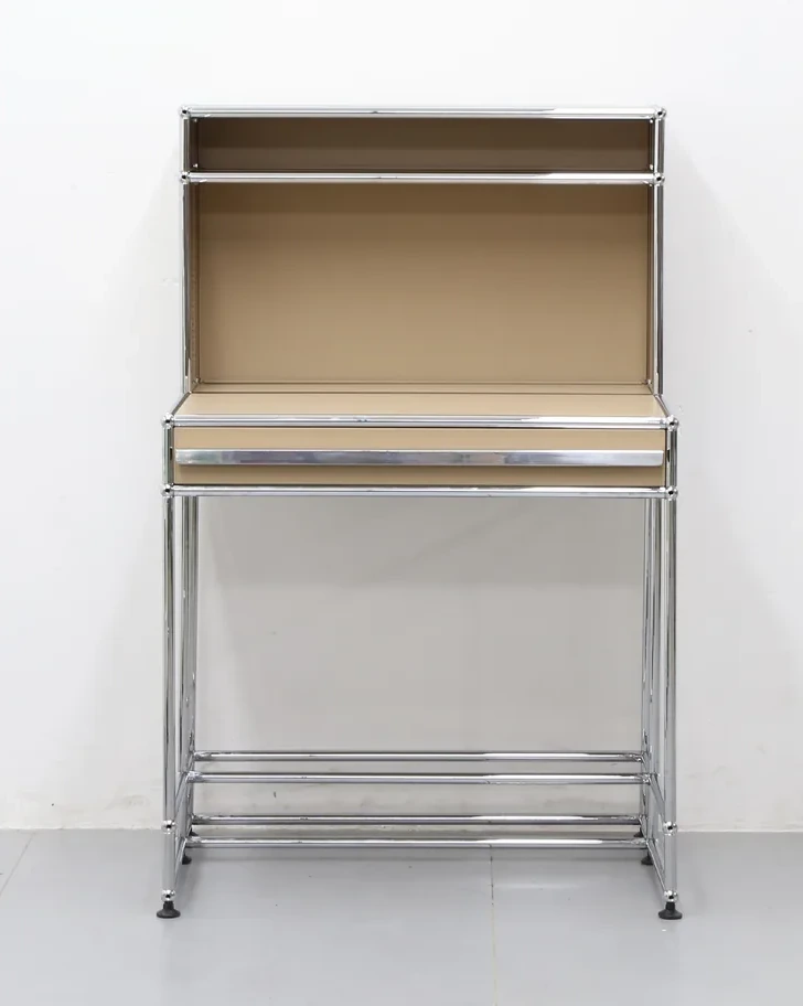 Tall beige secretary unit — shoe-rack base