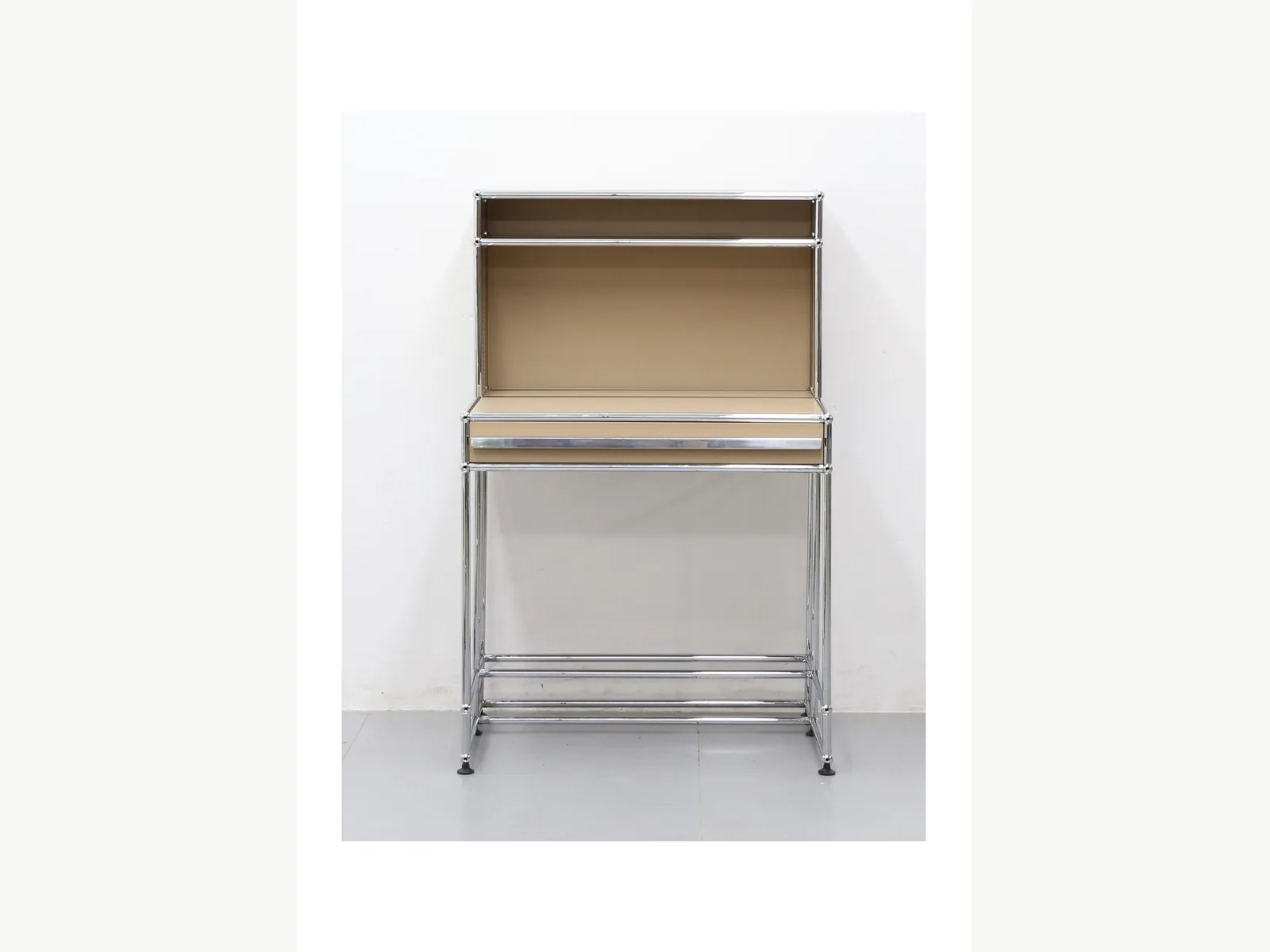 Tall beige secretary unit — shoe-rack base