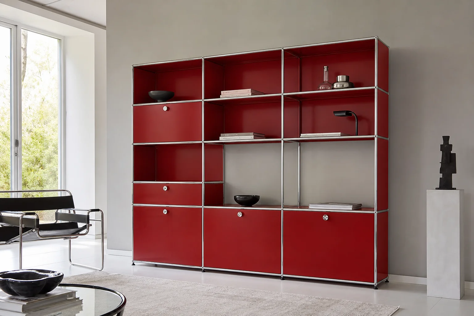 Modulares Regal in Rubinrot als Blickfang im Wohnzimmer