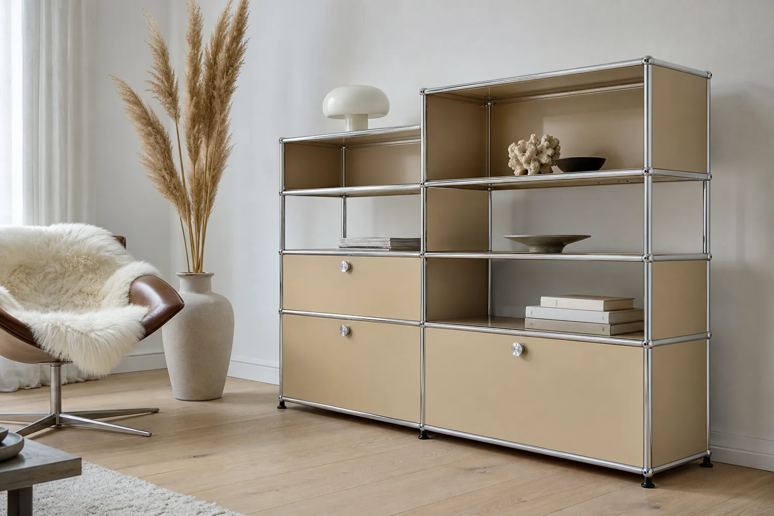 Modulares Regal in Beige in einem skandinavischen Wohnzimmer